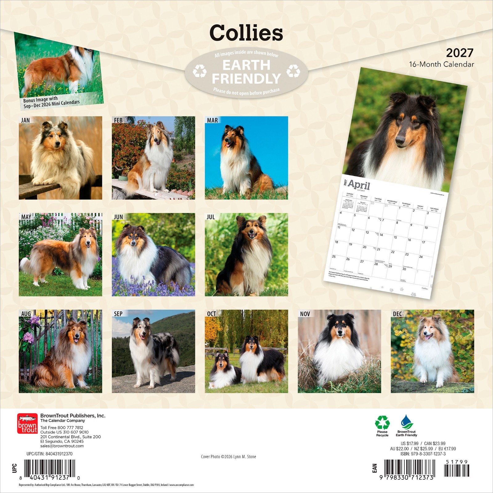 Collies | 2027 12×24″ (Hanging) Monthly Wall Calendar | Plastic-Free