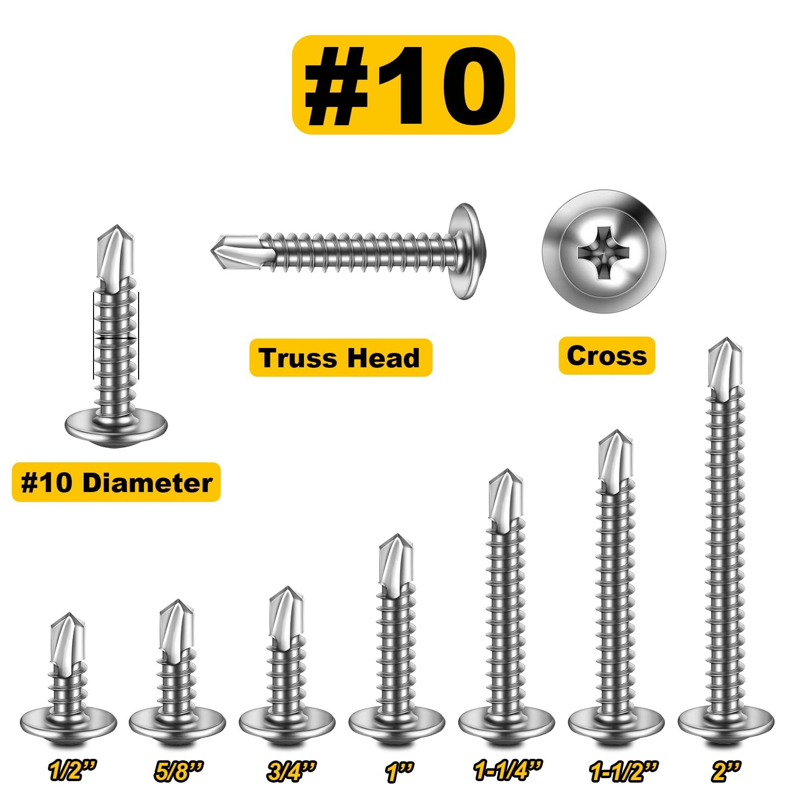 #10 x 5/8 Inch 410 Stainless Steel Truss Head Self Tapping Screws Metal 300 PCS
