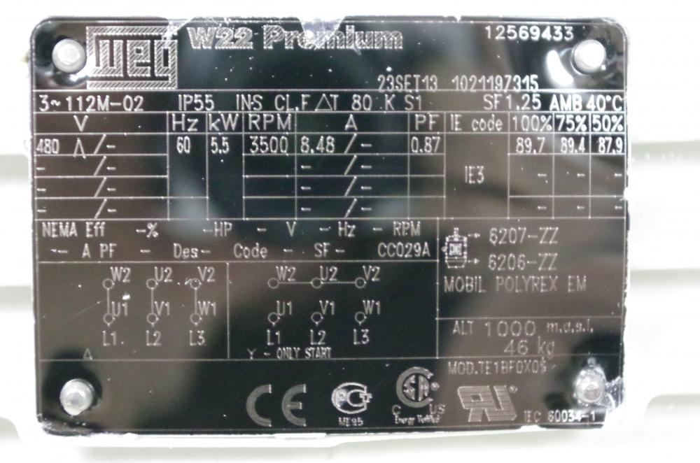 WEG AC MOTOR W22 PREMIUM 5.5KW 7.3HP IP55 480VAC 60HZ. 3500RPM WASHDOWN