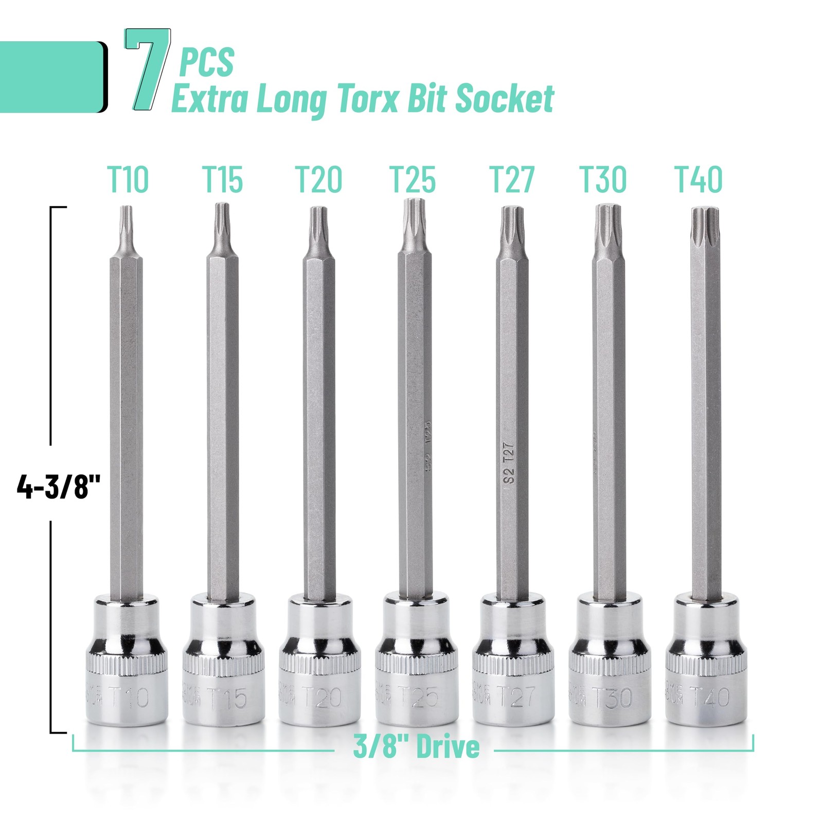 Bates- Extra Long Torx Bit Socket Set, 7 Pieces, 3/8″ Drive T10-40, 4-3/8″…