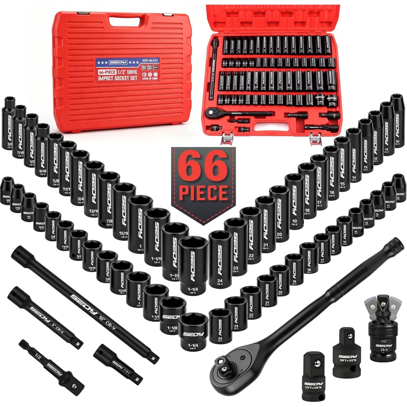 96-Piece 3/8 Drive Impact Socket Wrench and Bit Set, SAE 5/16”-3/4” Metric 8