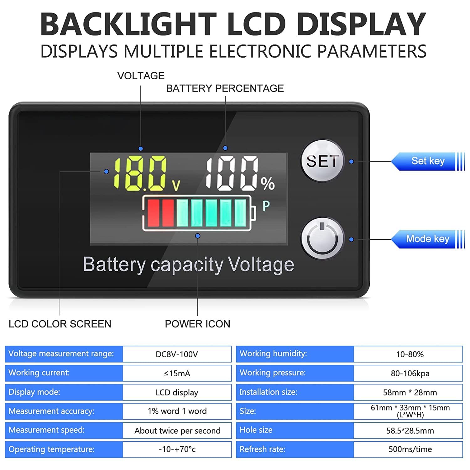DC 8V-100V Battery Capacity Indicator Voltmeter Voltage Meter Monitor Gauge