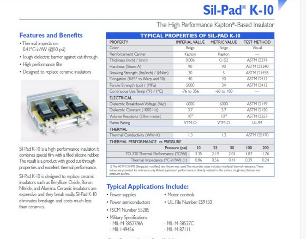 Thermal Pad Insulators, Beige 0.15mm Sil-Pad K10 TO-3P /TP-220 /TO-3P3