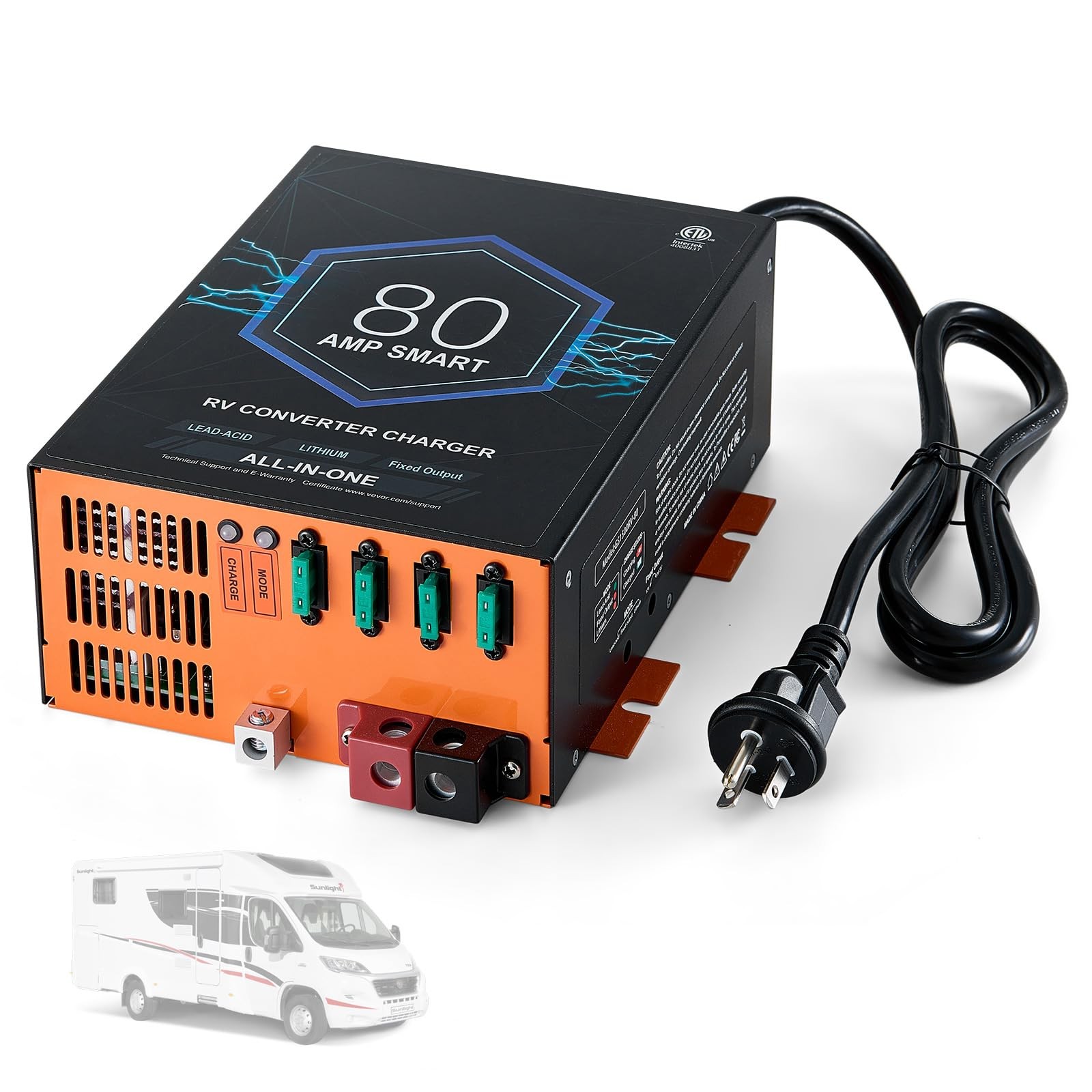 80A RV Converter 110V AC to 12V DC Battery Charger 4-Stage Lithium Lead Acid ETL