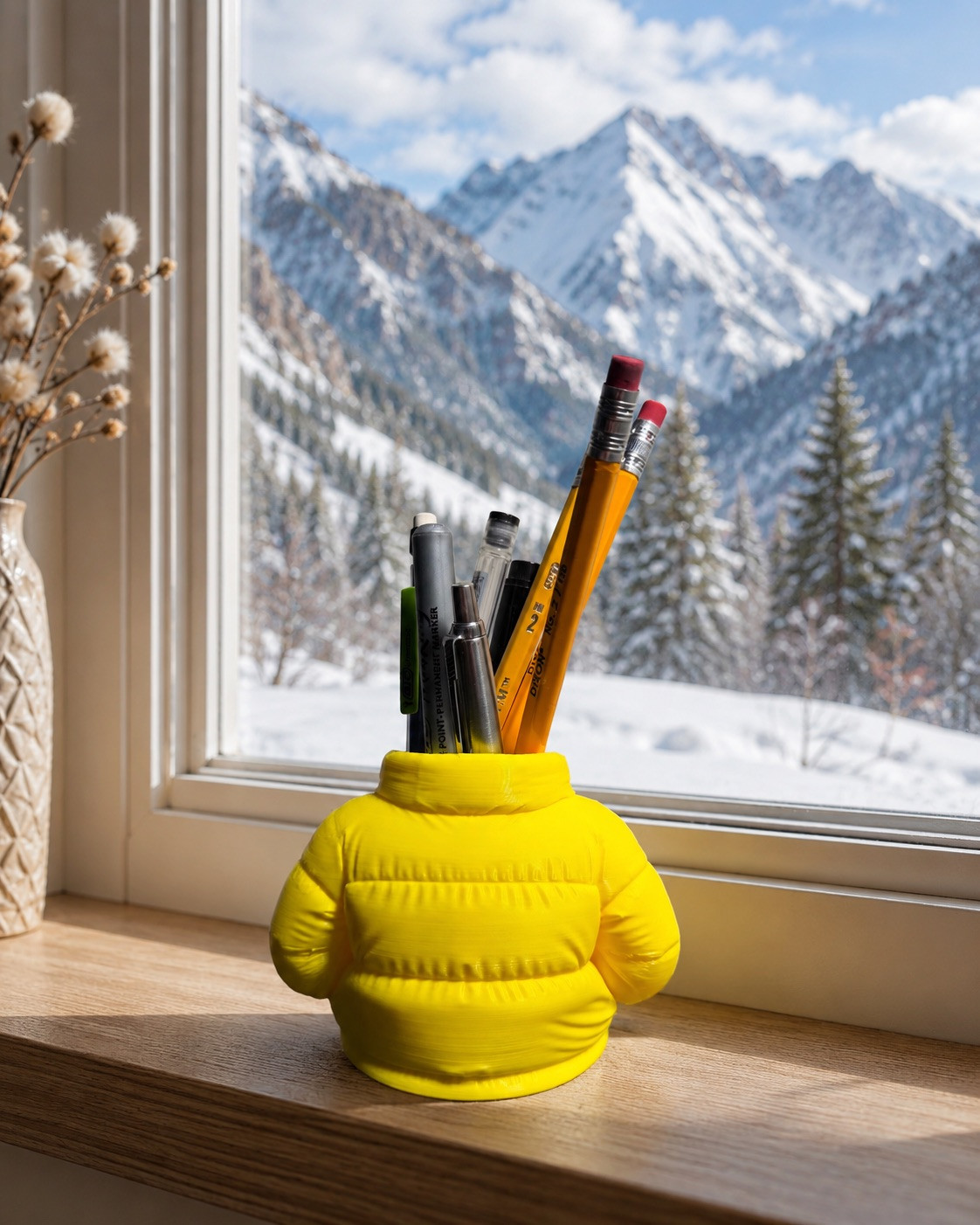Yellow Puffer Jacket Holder 3D Printed Pencil Makeup Brush Toothbrush Organizer