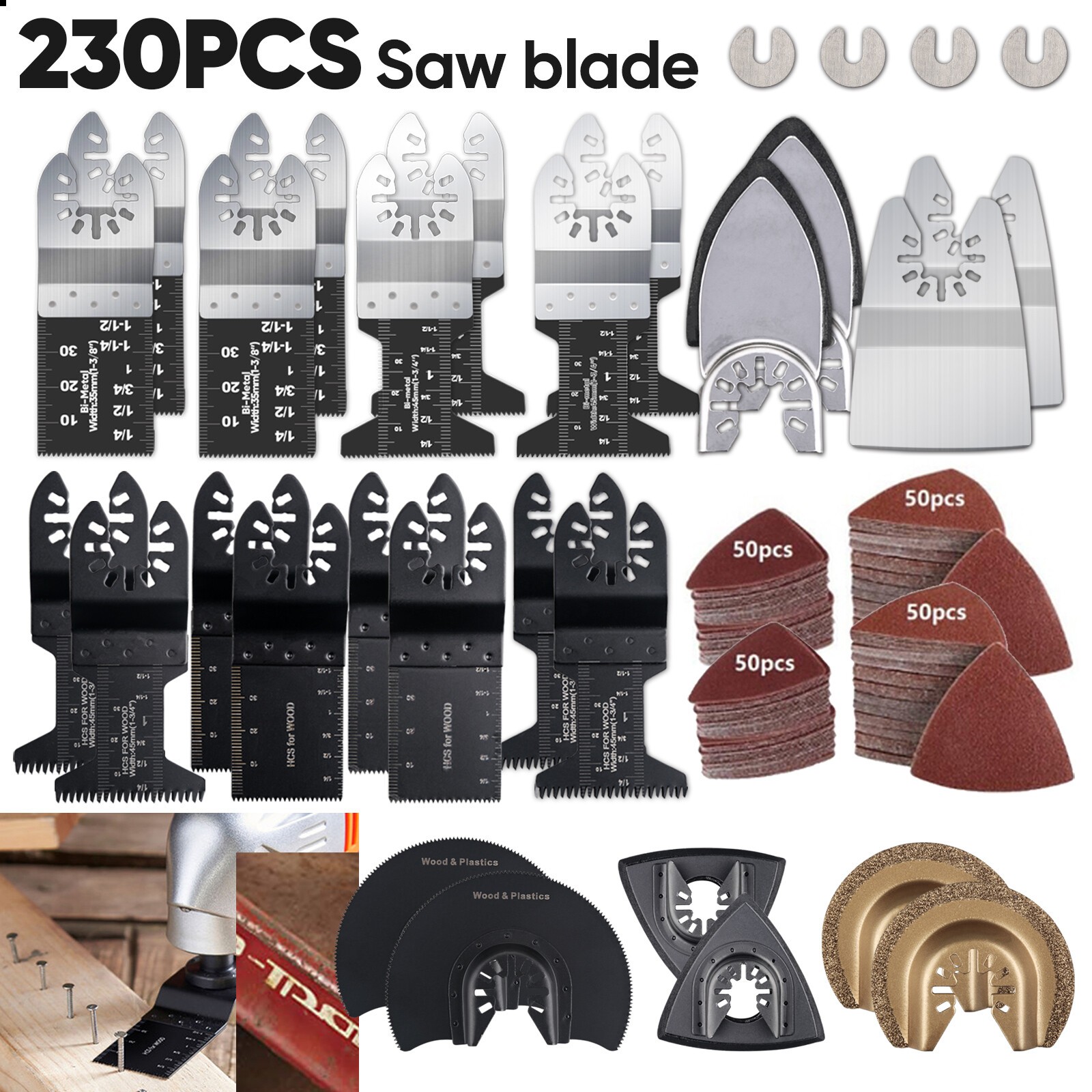 230PC Oscillating Saw Blades Multi Tool Cutter Metal Steel Carbon Wood Sandpaper