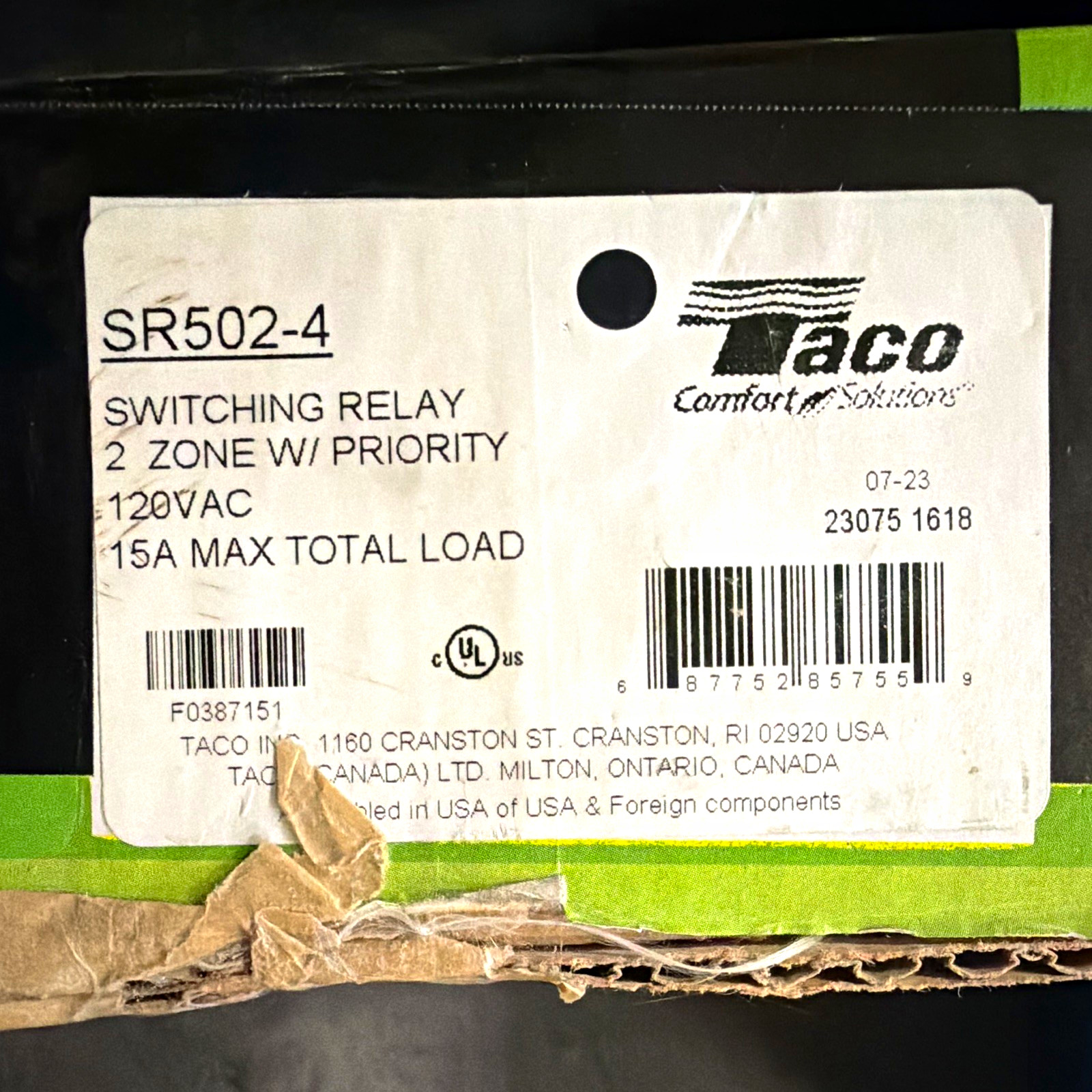Taco SR502-4 2-Zone Switching Relay w/ Priority, 120 VAC, 15A Max Total Load