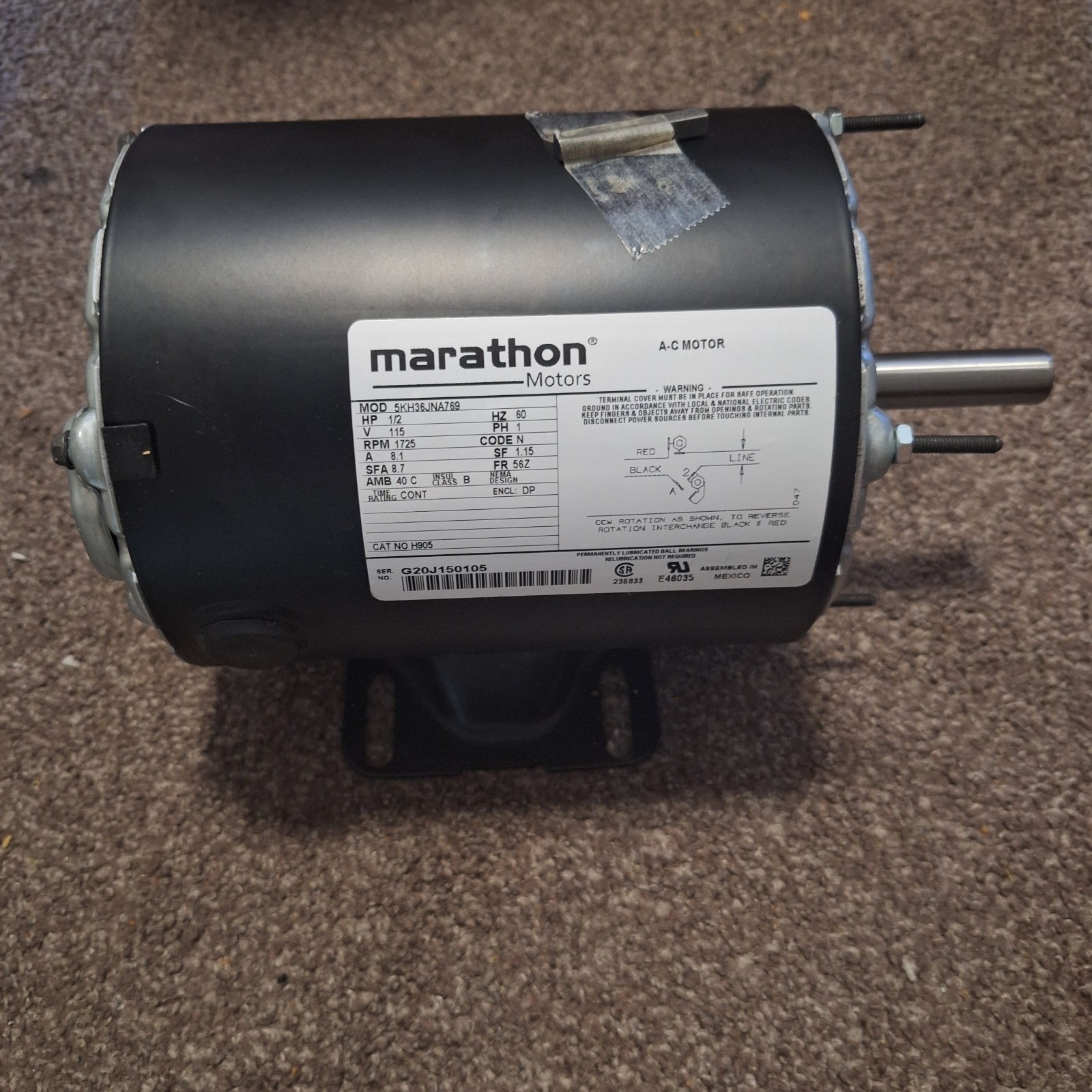 Marathon Motor 1/2HP 115V 1725 RPM NEW