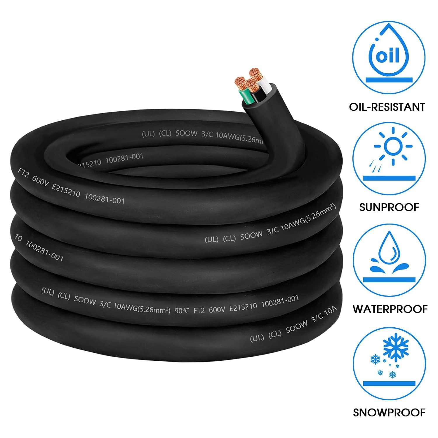 25Ft 10/3 10 Gauge SOOW Wire 10 AWG 600V SOOW Bulk Cable Electrical 3 Conductor