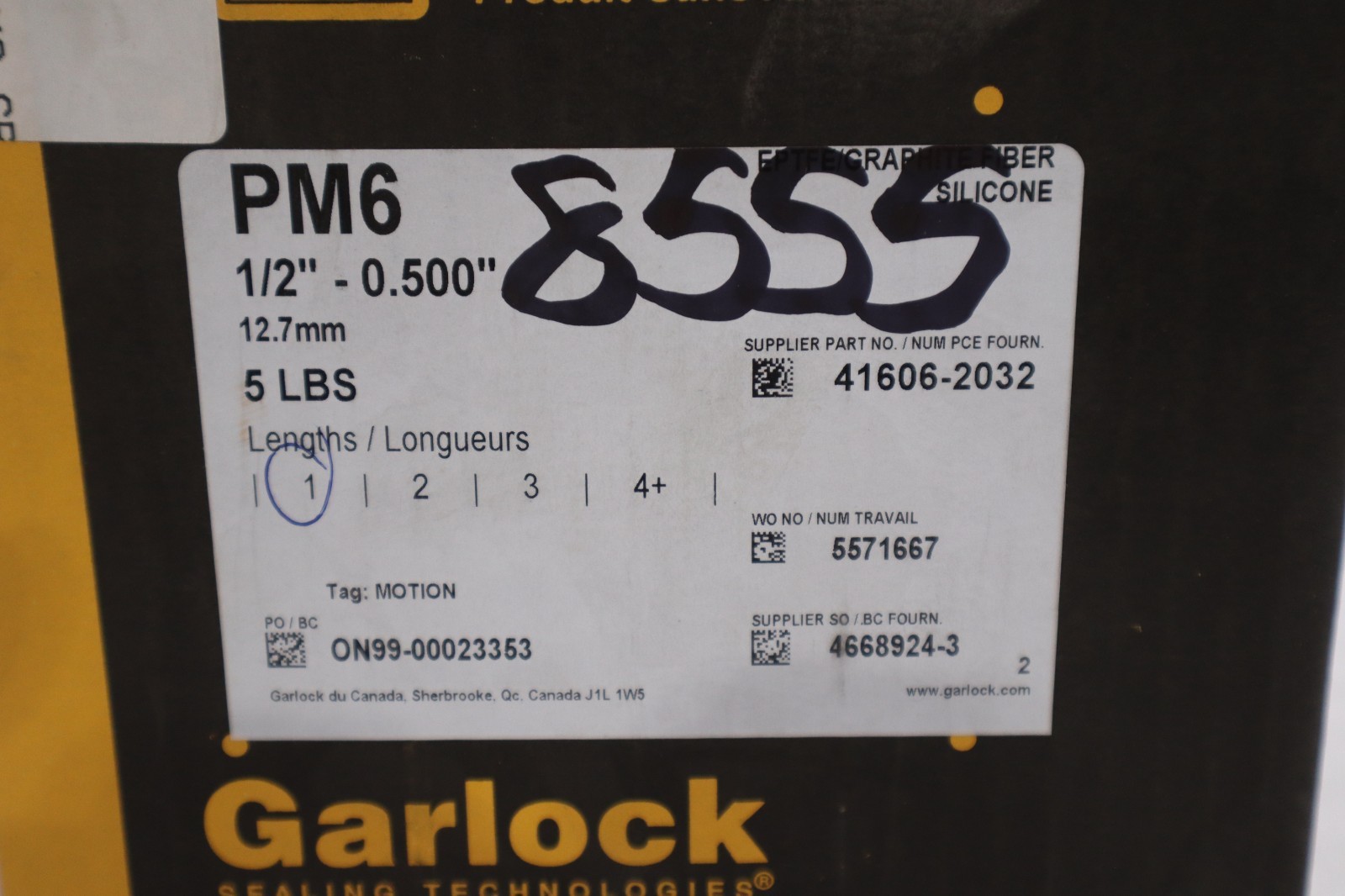 GARLOCK 5LB 12.7MM 1/2″ 5 LBS CARBON PACKING – NEW IN BOX – STOCK GF853