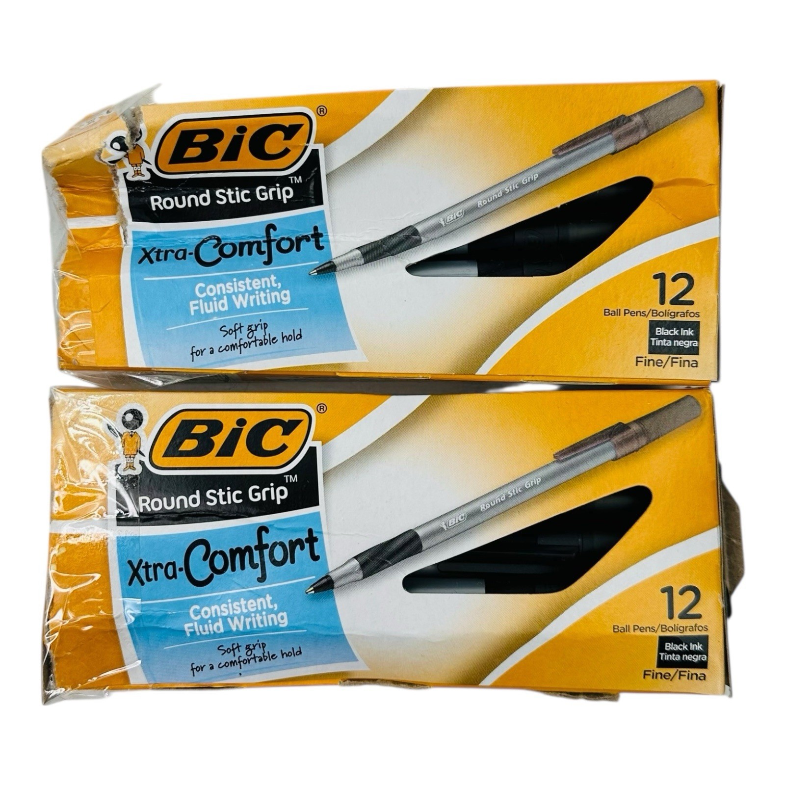 24 Pens BIC Round Stic Grip Xtra-Comfort Black Ink Ballpoint Pen Fine Point