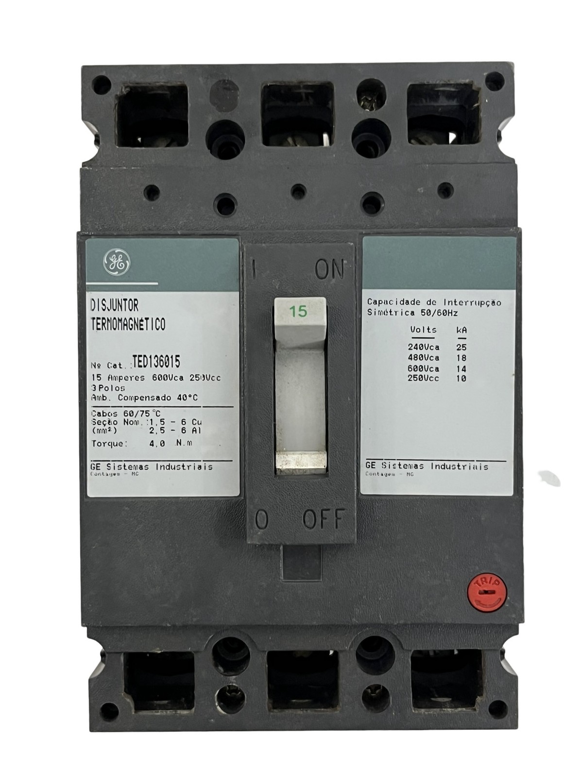 Disjuntor Termomagnético GE TED136015 15A 3 Polos 600V Industrial