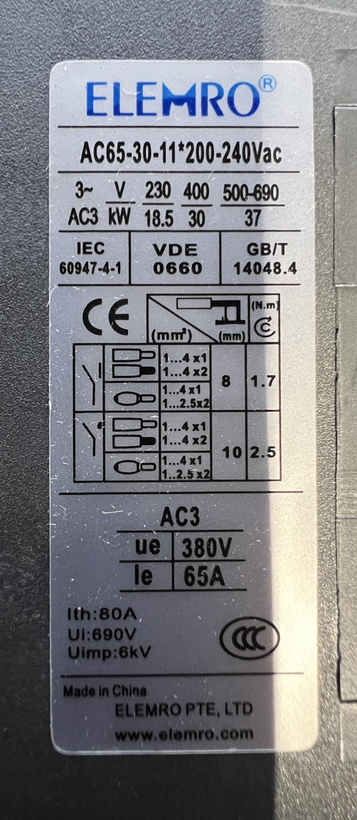 NEW AC50-30-11 *200-240V Contactor 50A 22KW/400V Elemro Schutz 3‑pole