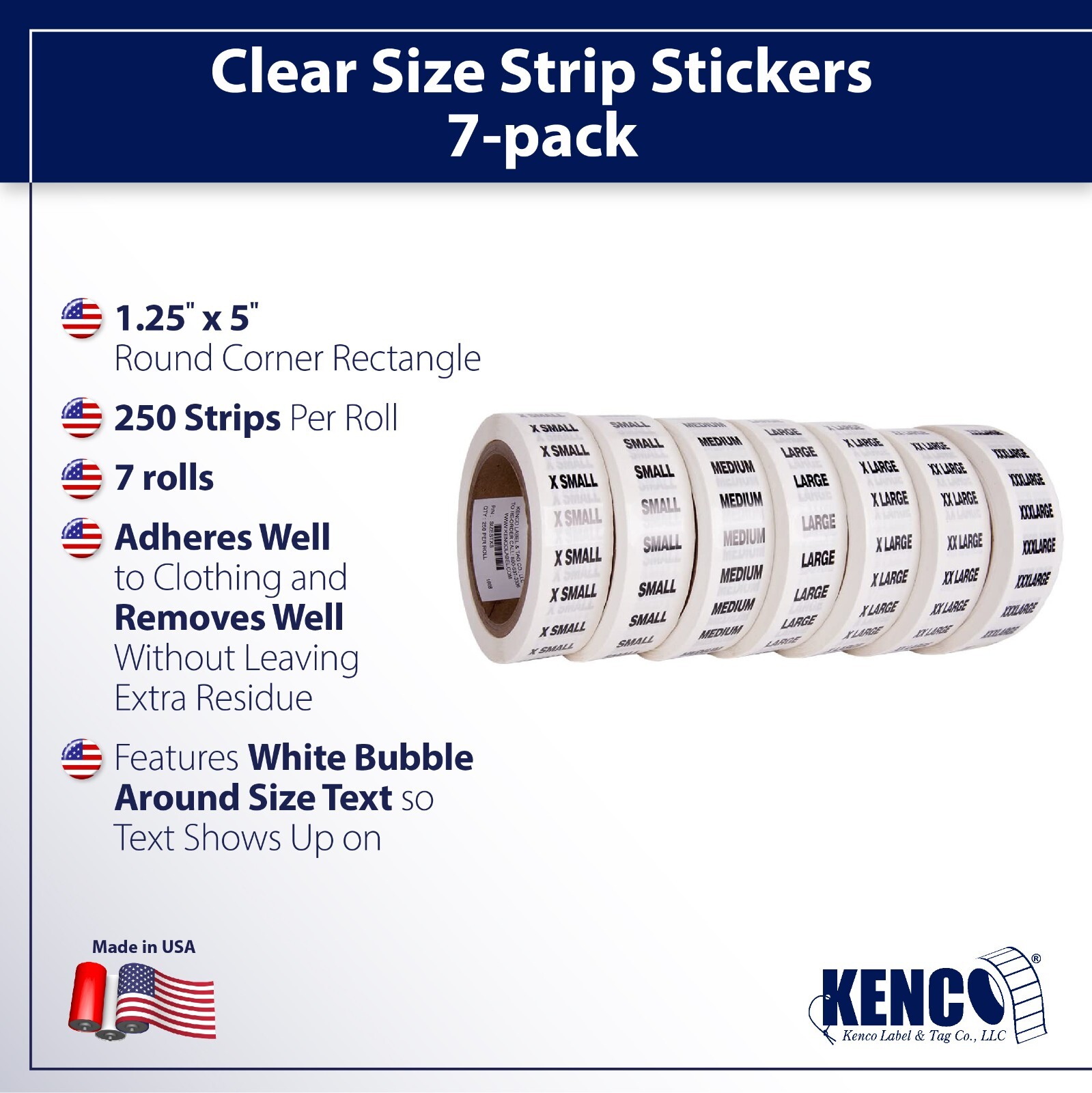 Clear Clothing Size Strips Stickers Labels, 7 Sizes XS-XXXL – 7 Pack (1750 Pcs)