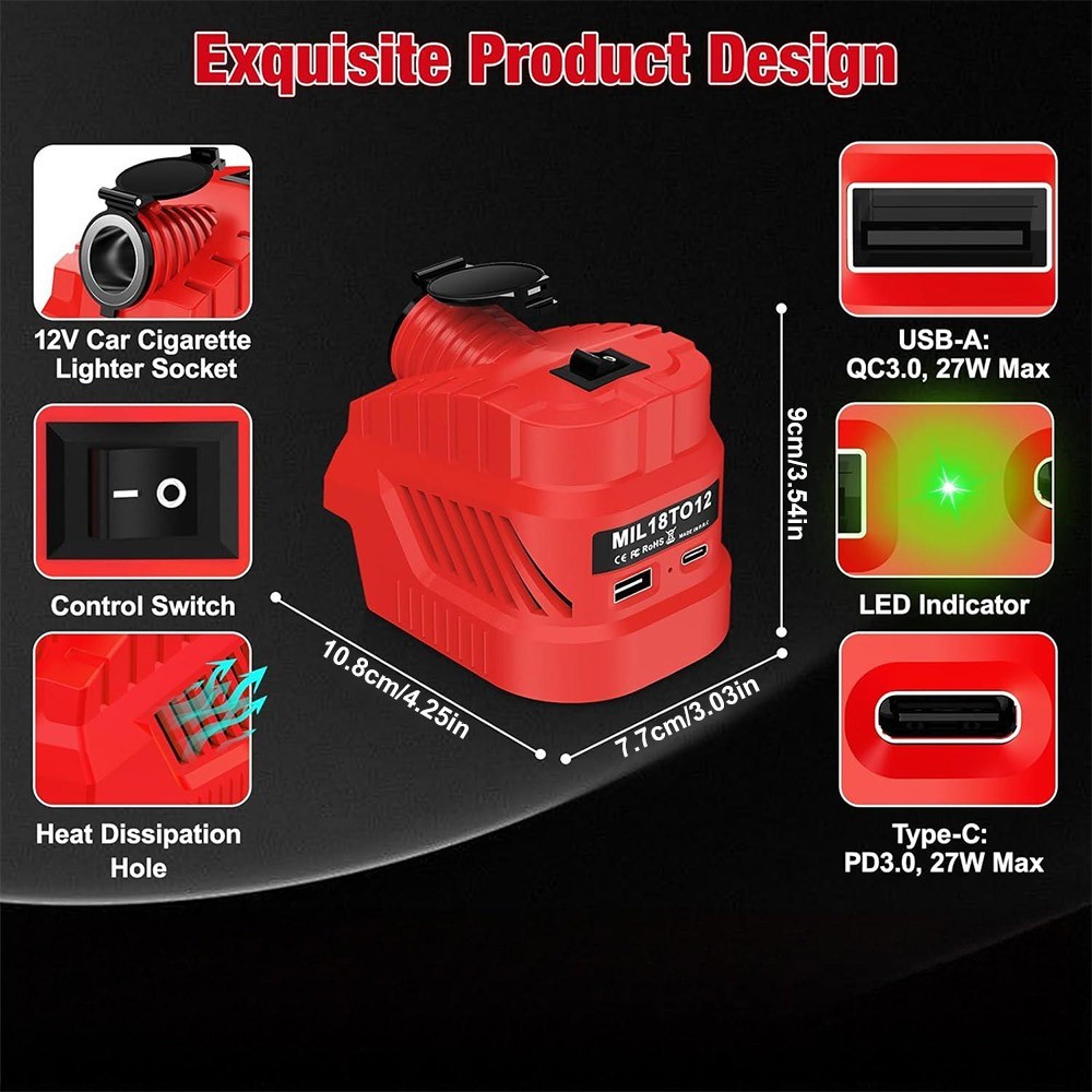 18V to 12V Step Down Converter for Milwaukee M18 18V Battery Power Adapter Tool