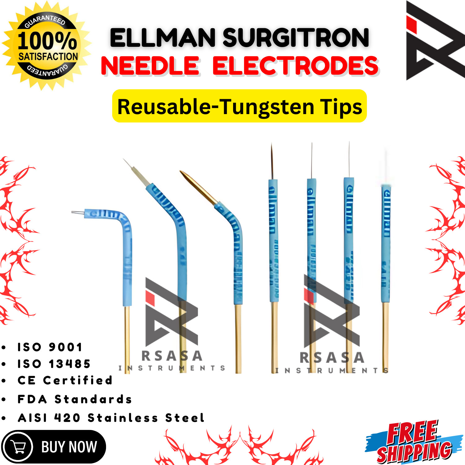 7Pcs Needle Electrode & Ellman FFPF Handpiece Reusable-Autoclavable CE/FDA