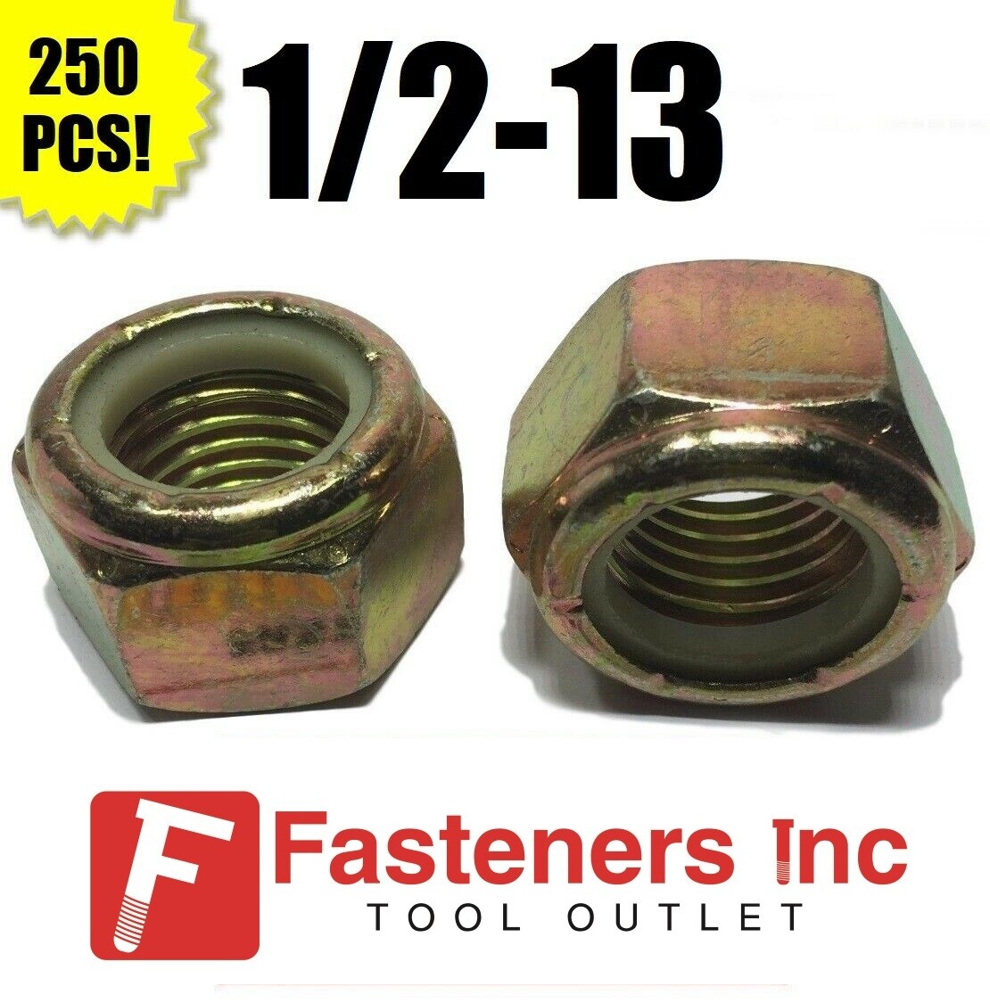 (Qty 250) 1/2-13 Grade 8 Nylon Insert Lock Nuts Nylock Yellow Zinc Plated