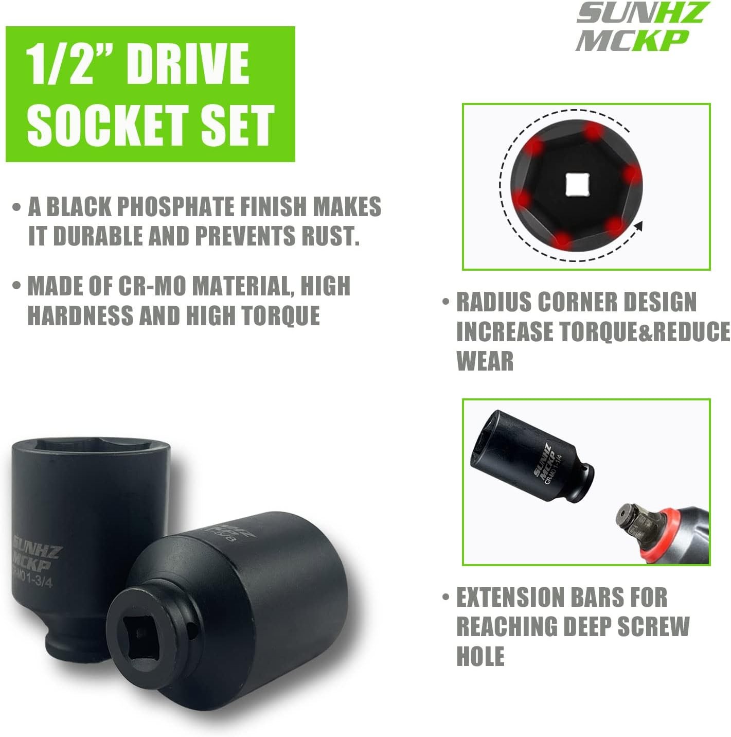 1/2″ Drive Deep 6-Point Impact Socket Set, 8-Piece Standard SAE Spindle Axle Nut