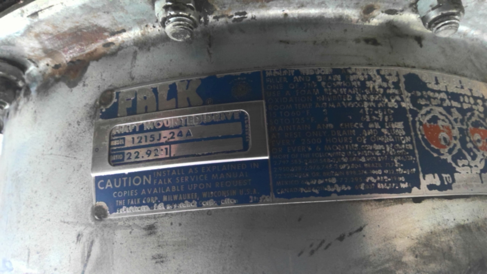 Falk 1215J-24A Shaft Mounted Gear Reducer 22.92:1 Ratio
