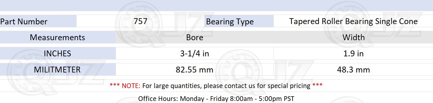 [1-Pack] 757 Tapered Roller Bearing Single Cone [3-1/4 in Bore x 1.9 in W]