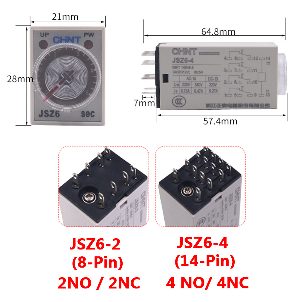 AC 220V DC 12V/24V Time Delay Relays 1/5/10/30/60S 5Min JSZ6-2 8PIN JSZ6-4 14PIN