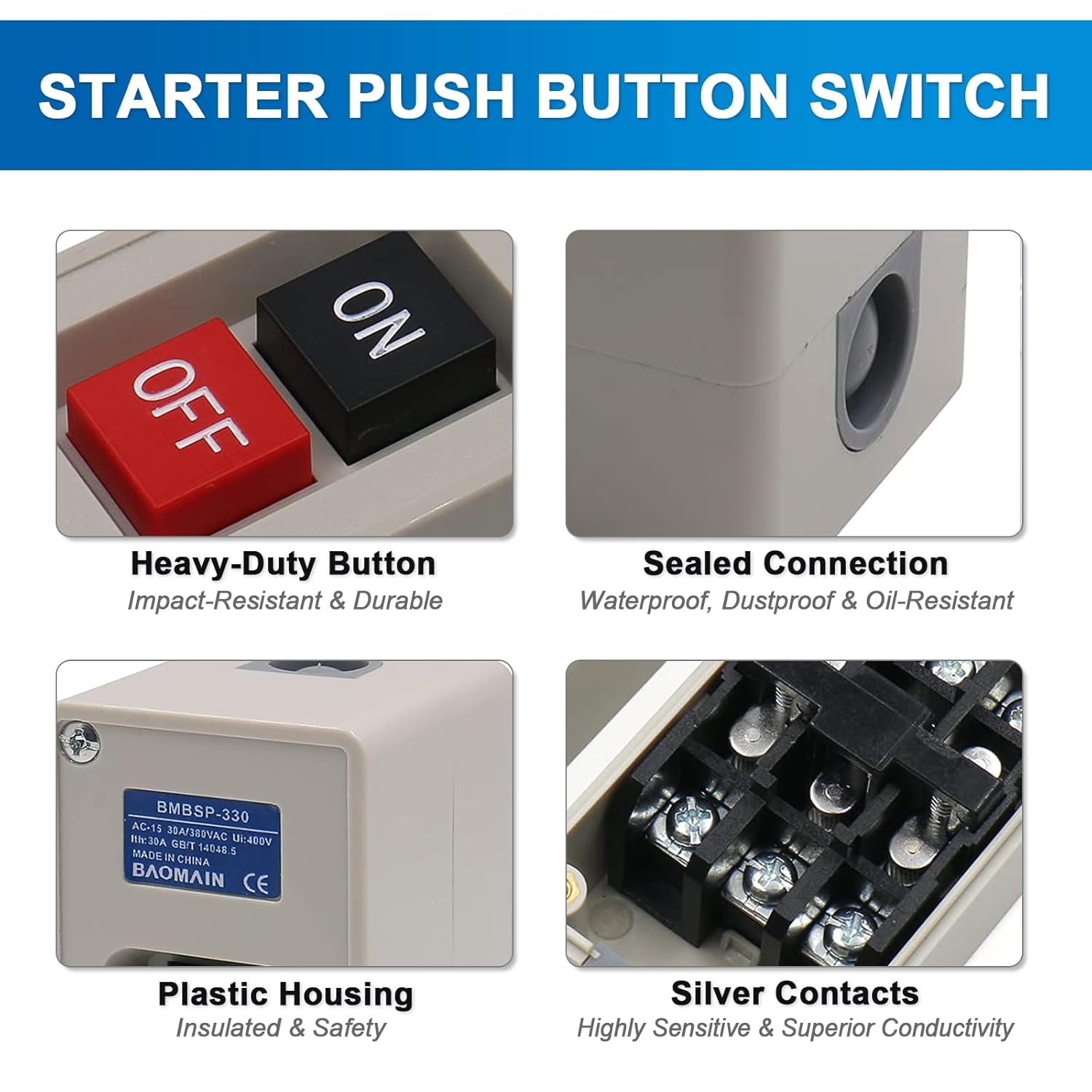 3 Phase on off Push Button Switch, 220V/240V 30A Industrial Motor Starter Switch