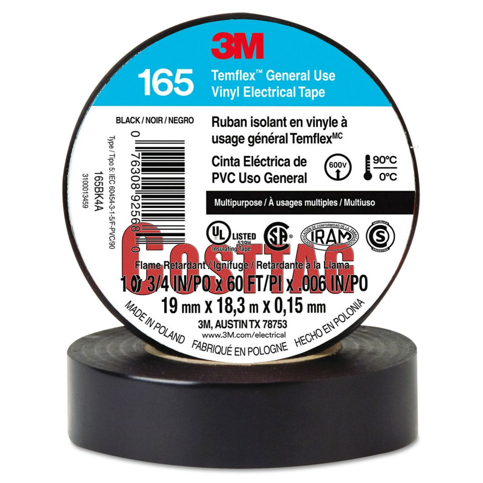 100 ROLLS – 3M ELECTRICAL TAPE UL, BLACK 3/4’’ x 60 FT GENUINE TEMELEX 165