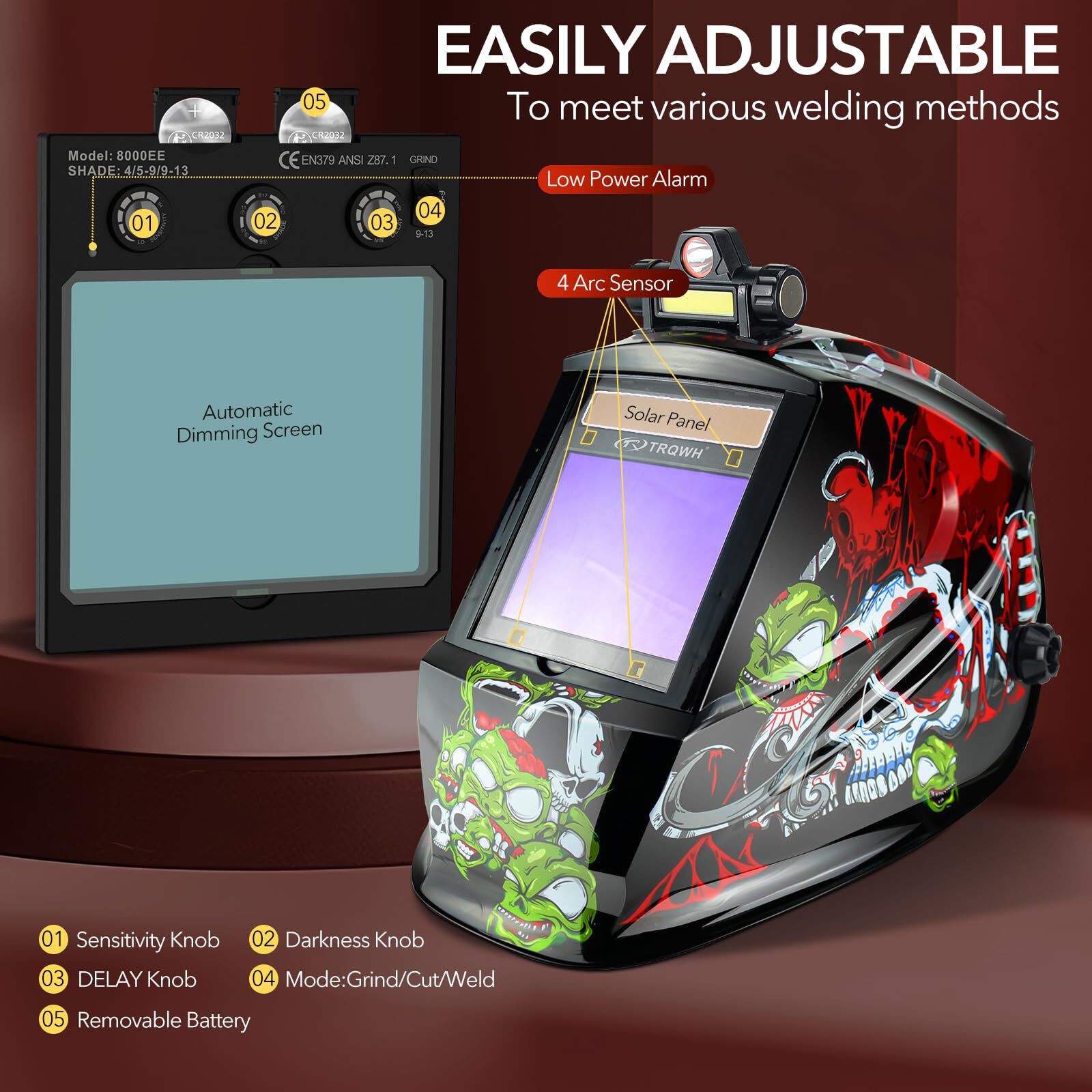 Solar Powered Welding Helmet with Large View, True Color & Auto Darkening Filter
