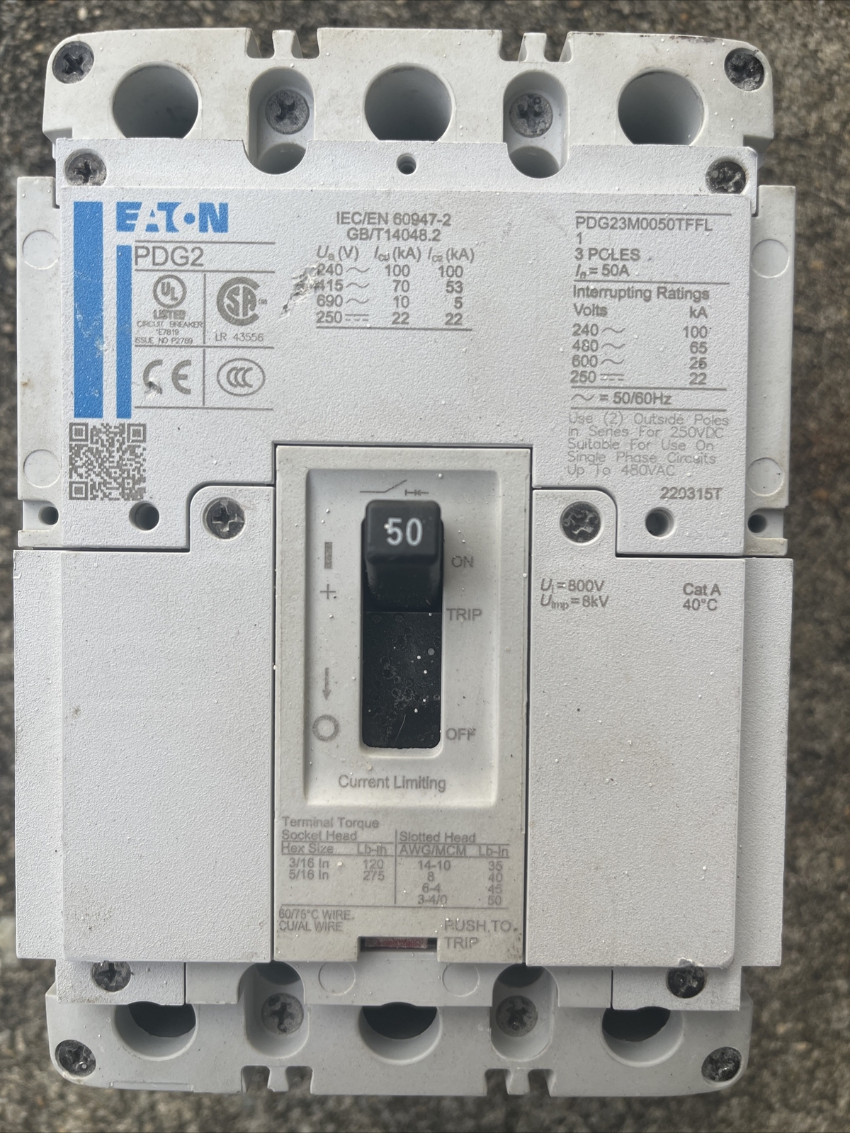 Eaton PDG23M0050TFFL Power Defense Molded Case Circuit Breaker, 3P, 50A, 480V