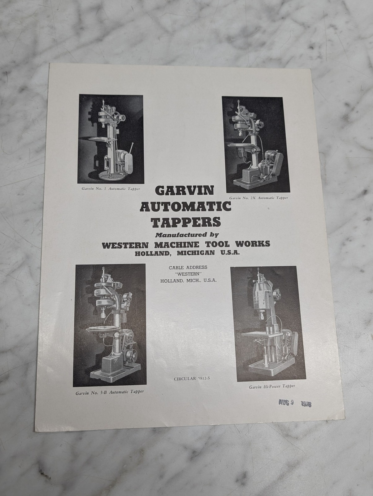 GARVIN AUTOMATIC TAPPERS WESTERN MACHINE TOOL WORKS CIRCULAR 5812 S AUG 9 1978