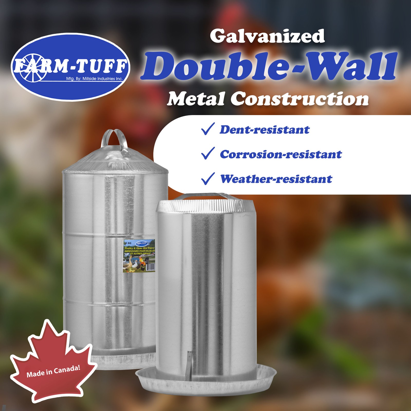 FARM-TUFF Double Wall Cone Top Galvanized Poultry Fountain, 8 Gallon Capacity