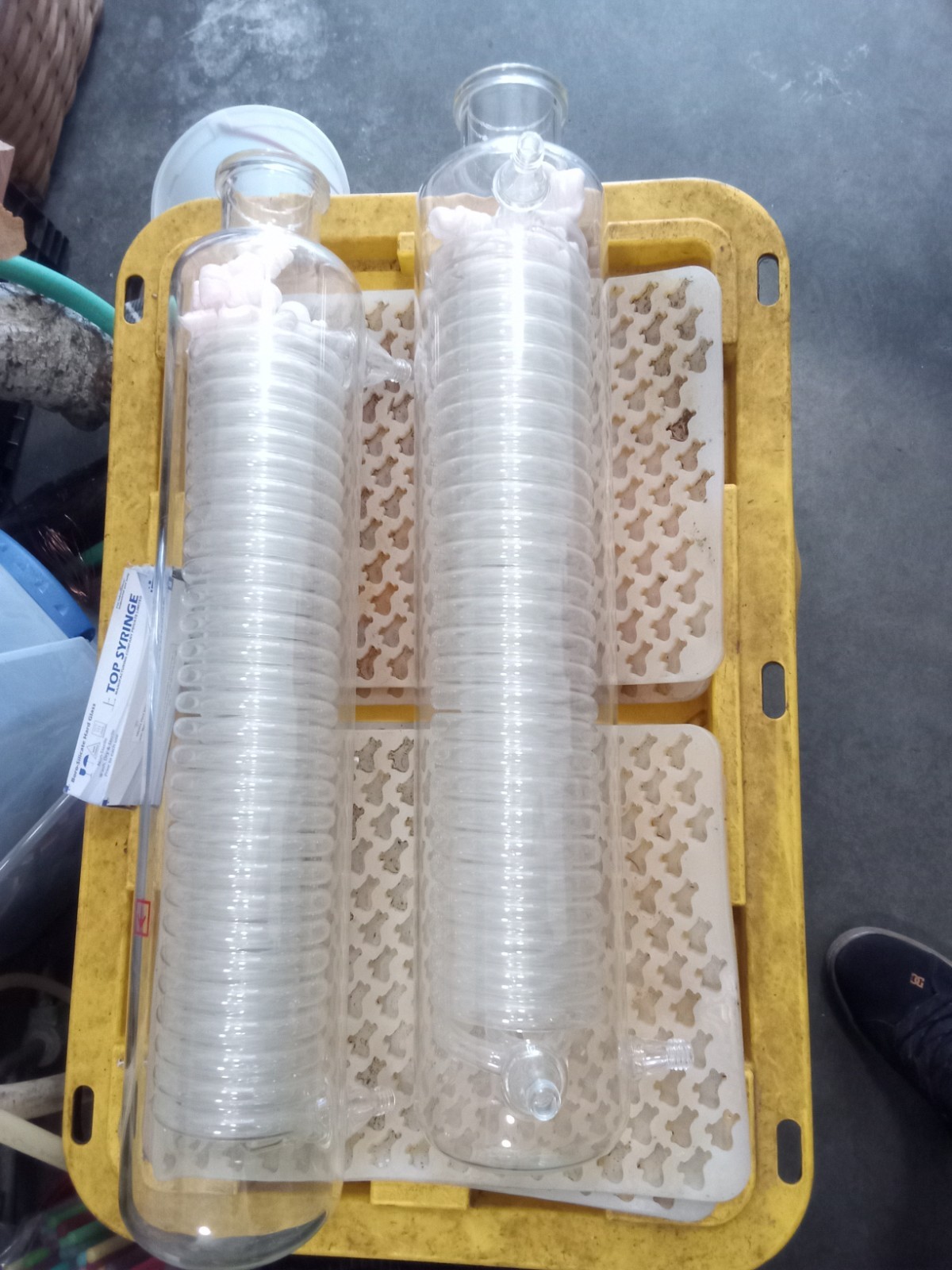 Lot of 2 Glass Coil Condensers with Hose Barbs for Chemical & Physical Lab