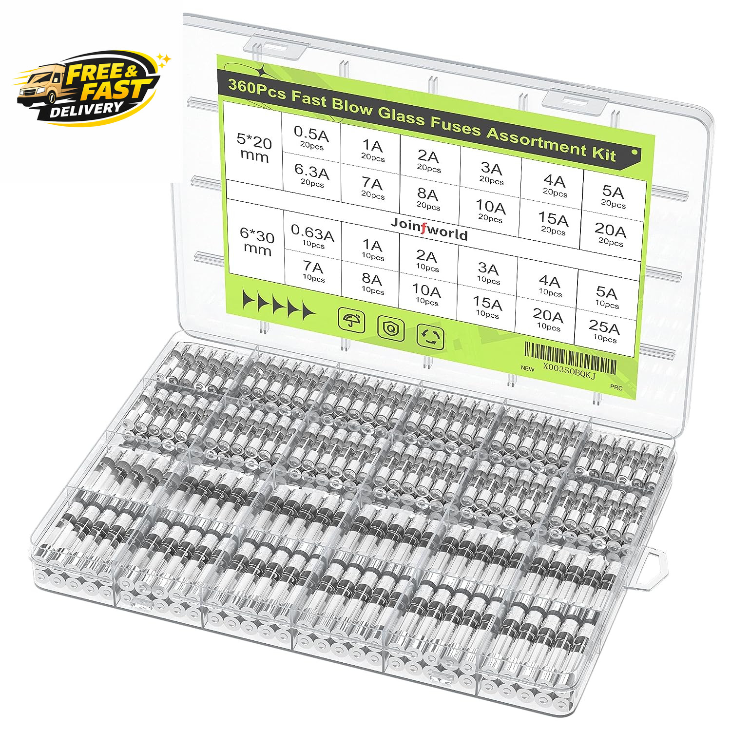 360Pcs Fast Blow Glass Fuse Assortment Kit 24 Values Automotive Fuses Kit 250V