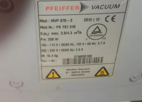 Pfeiffer MVP070-3 Vacuum Pump, 115/230VV, Power 250W. SN# 2736832109 USED