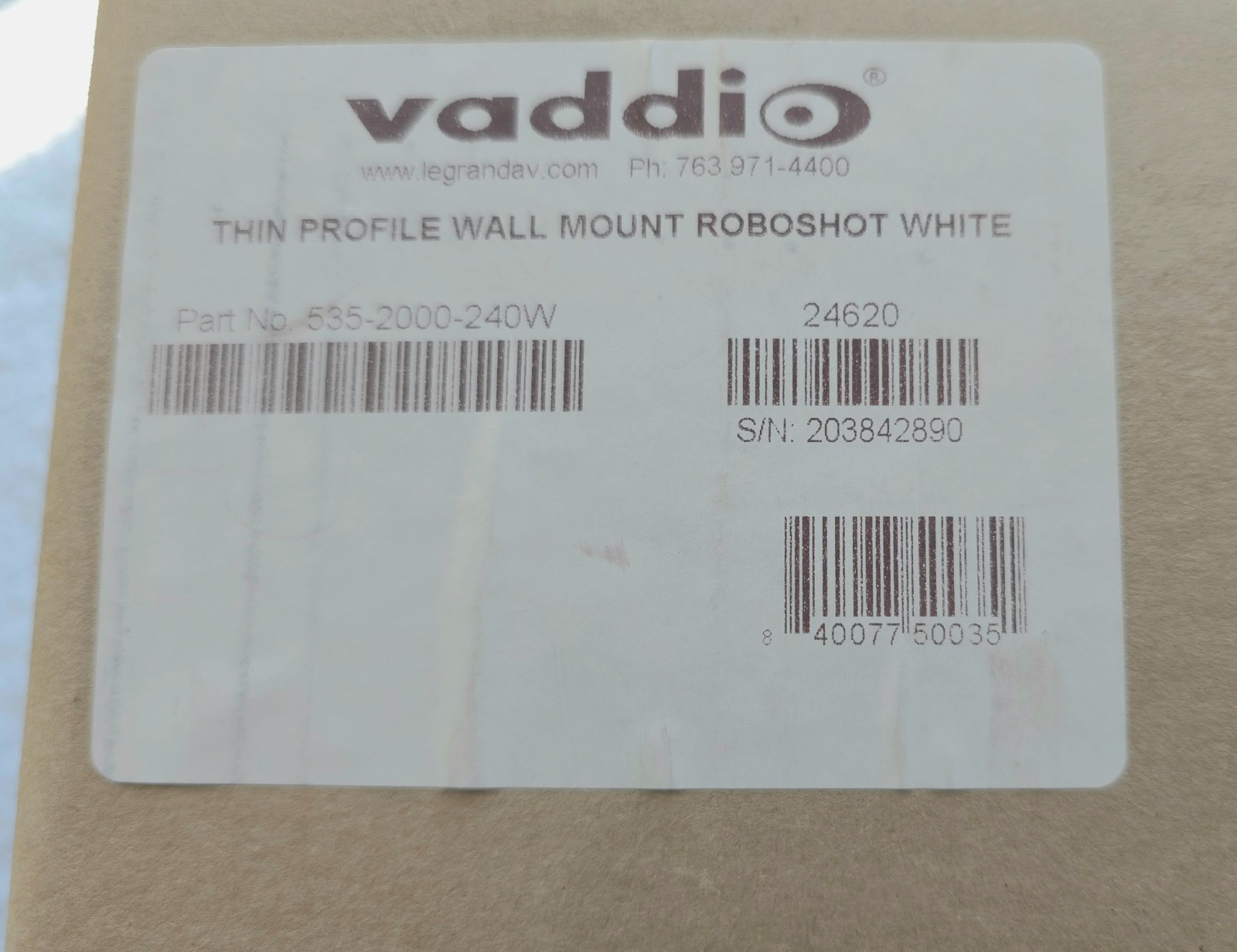 Vaddio Thin Profile Wall Mount for RoboSHOT PTZ /or small speaker. 535-2000-240W