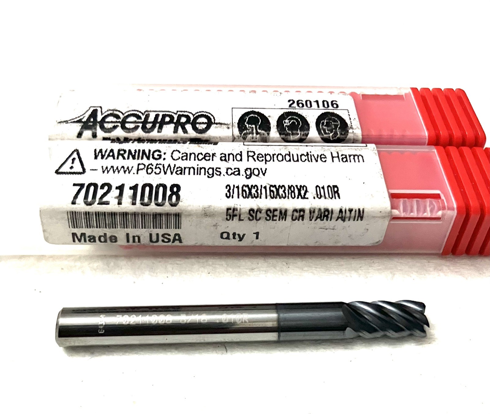 Accupro 70211008 3/16″ 5FL Corner Radius End Mill .015R Solid Carbide AlTiN NEW