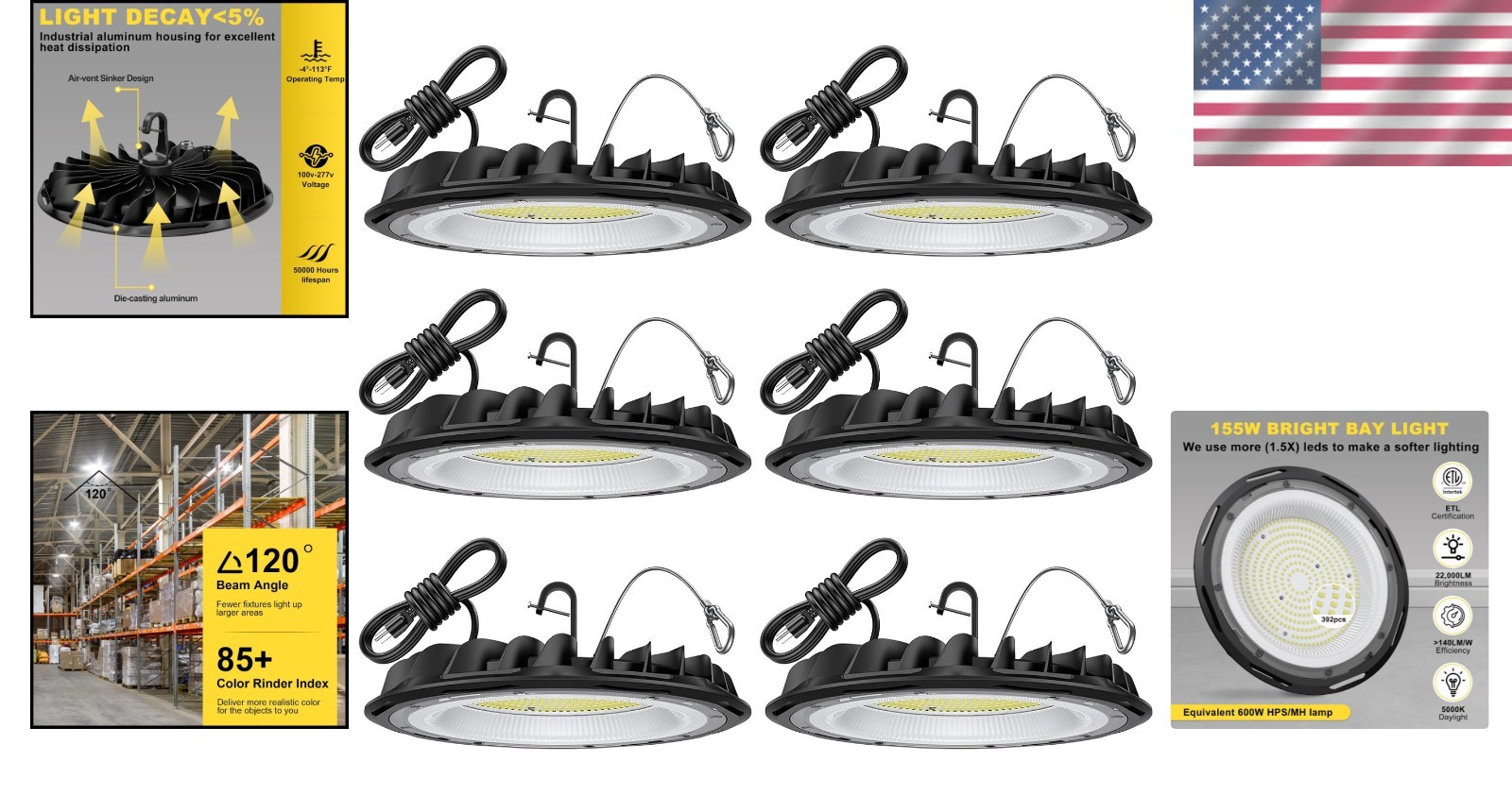 Certified 6 Pack 155W UFO LED High Bay Light – Waterproof, 50000 Hours