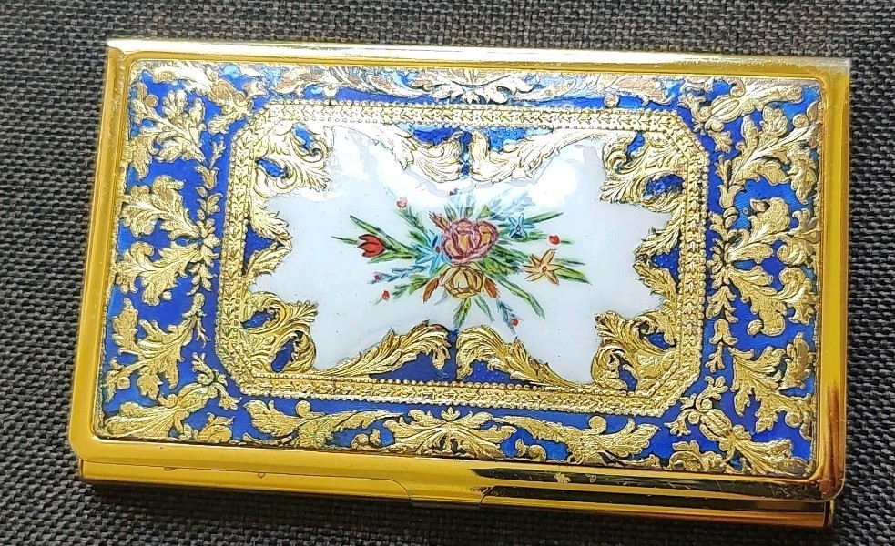 Vtg French Blue Enamel Business Card Holder Case Floral Gold Leaf Royal