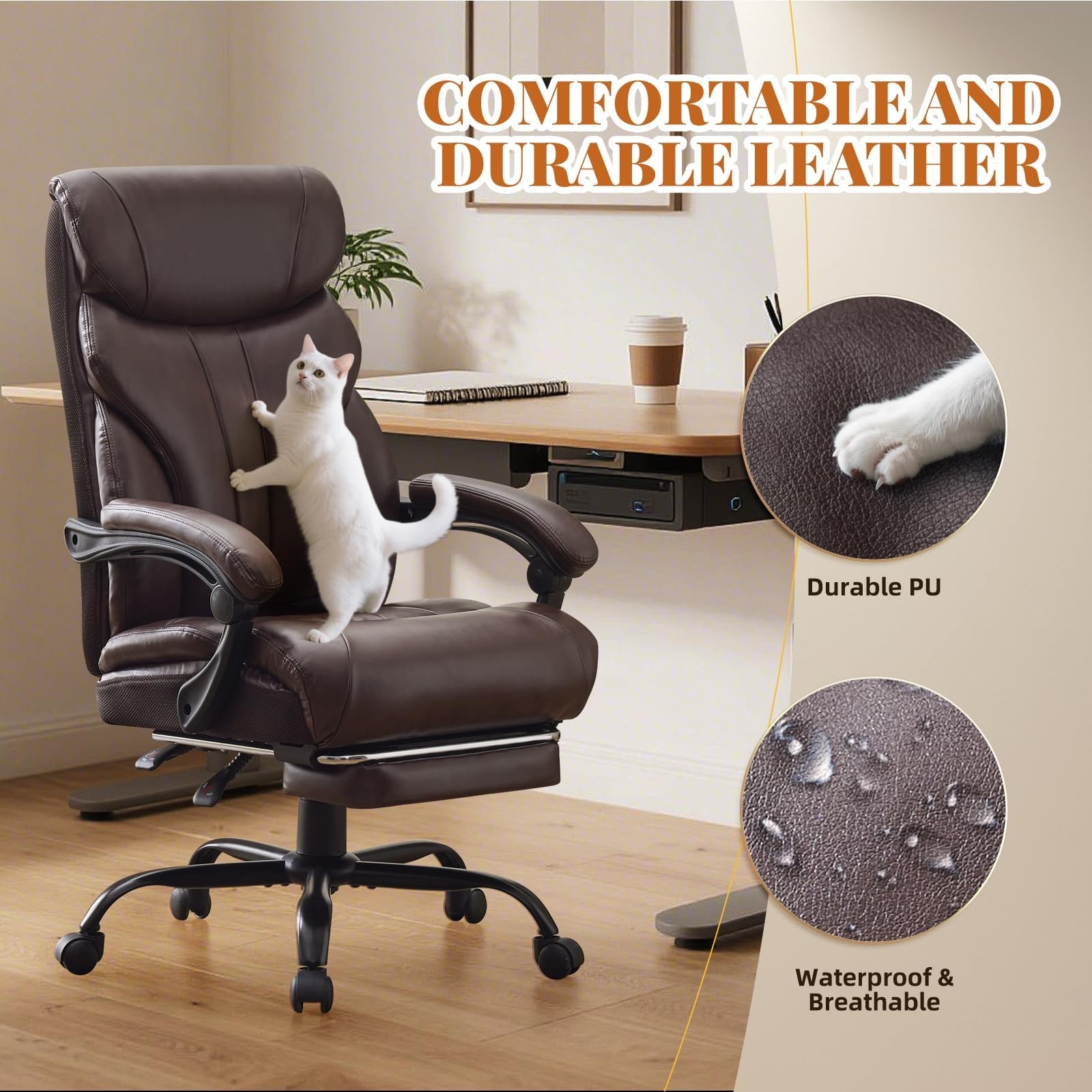 3 Soft Bags Ergonomic PU Tall Heavy Duty Executive Office Chair 500 LBS Brown