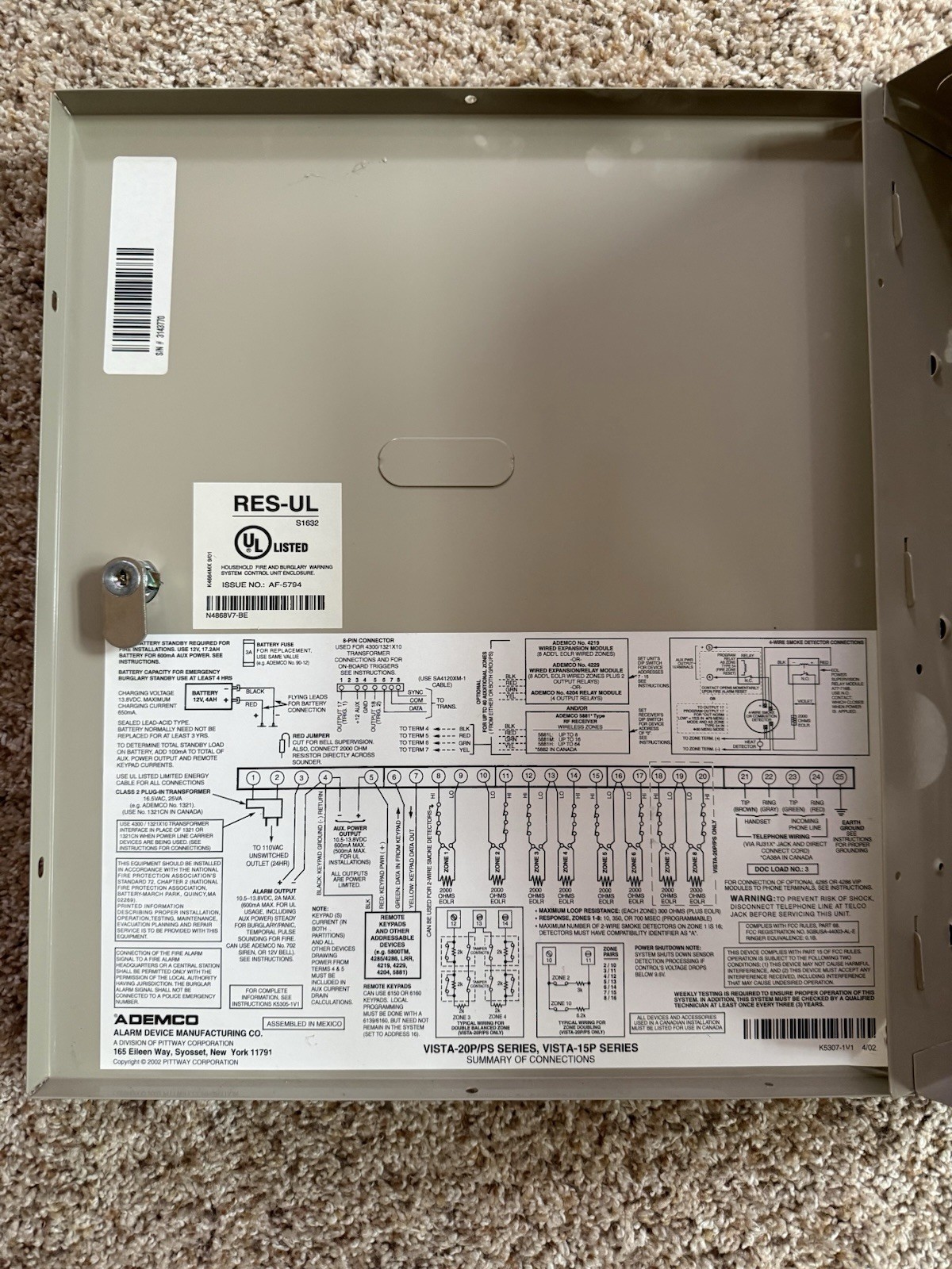 VISTA-20P/15P ADEMCO CONTROL PANEL PCB IN METAL ENCLOSURE – TAN