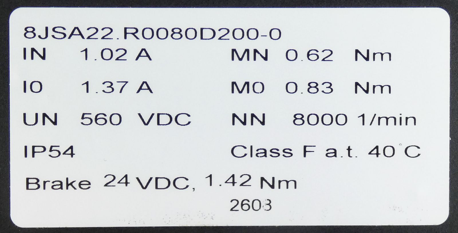 B&R 8JSA22.R0080D200-0 Rev. C0 0.62/0.83Nm 8000rpm + 8GA40-060–008S2J2 -Unused-