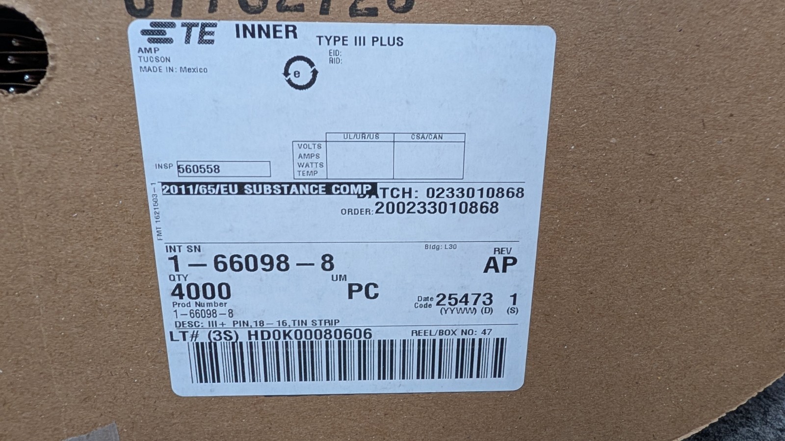(Reel of 4,000) TE Connectivity 1-66098-8, Tin (Sn), Pin Contact, 18 – 16 AWG,