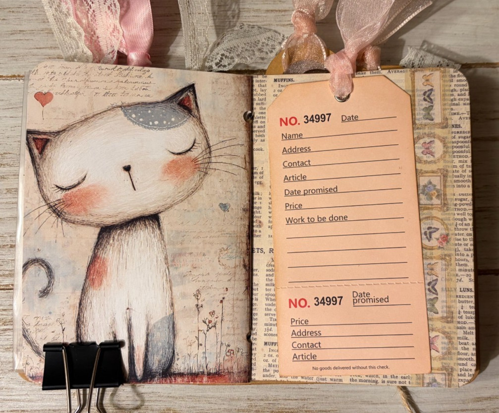 Junk Journal Handmade Booklet Book Vintage «Cute Animals» Pockets, Ephemera b