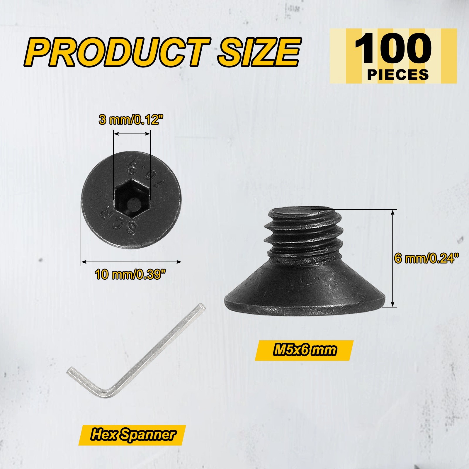 M5x6 mm Flat Head Socket Cap Screws, 100 Pcs Bolt with Hex Spanner, Black