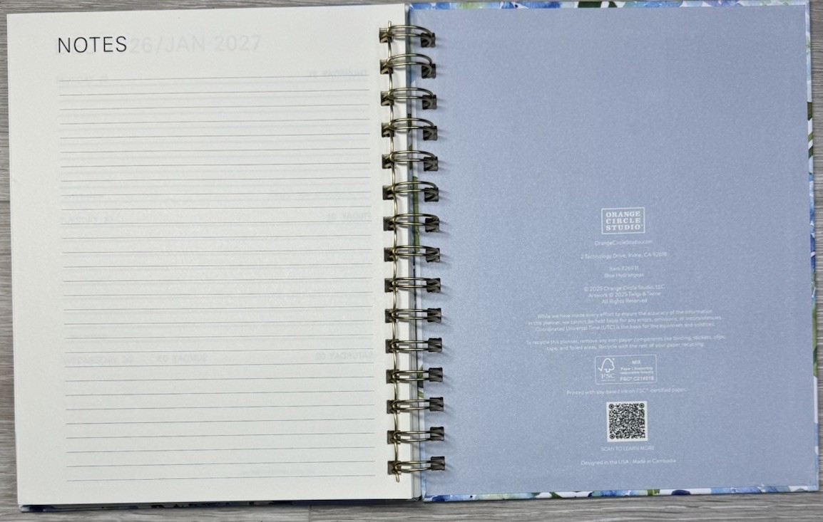 2026 Planner 12 Month MEDIUM Orange Circle Hard Cover Spiral BLUE PURPLE Flowers