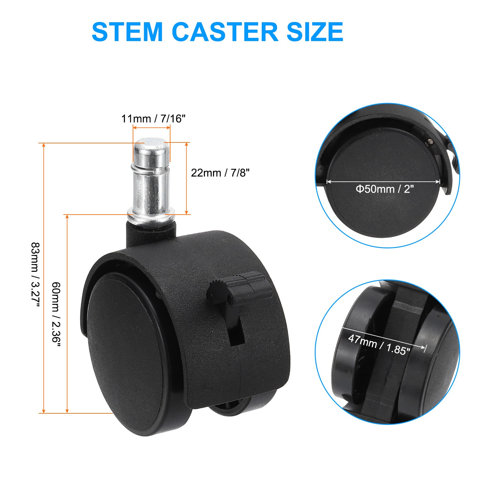2 Inch Gaming Chair Wheels Replacement Quite Swivel Caster with Brake Black