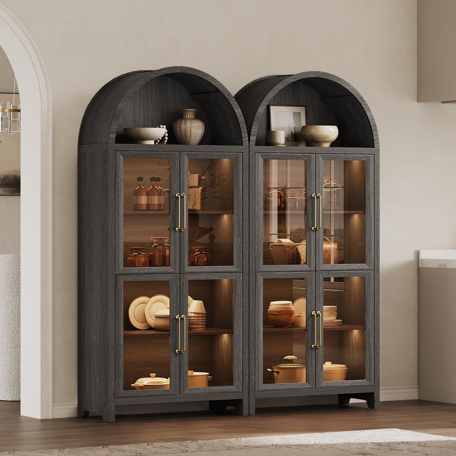 74 Arched Bookcase Glass Door 5-Tier w/LED Motion Sensor Dark Grey Oak 2PC