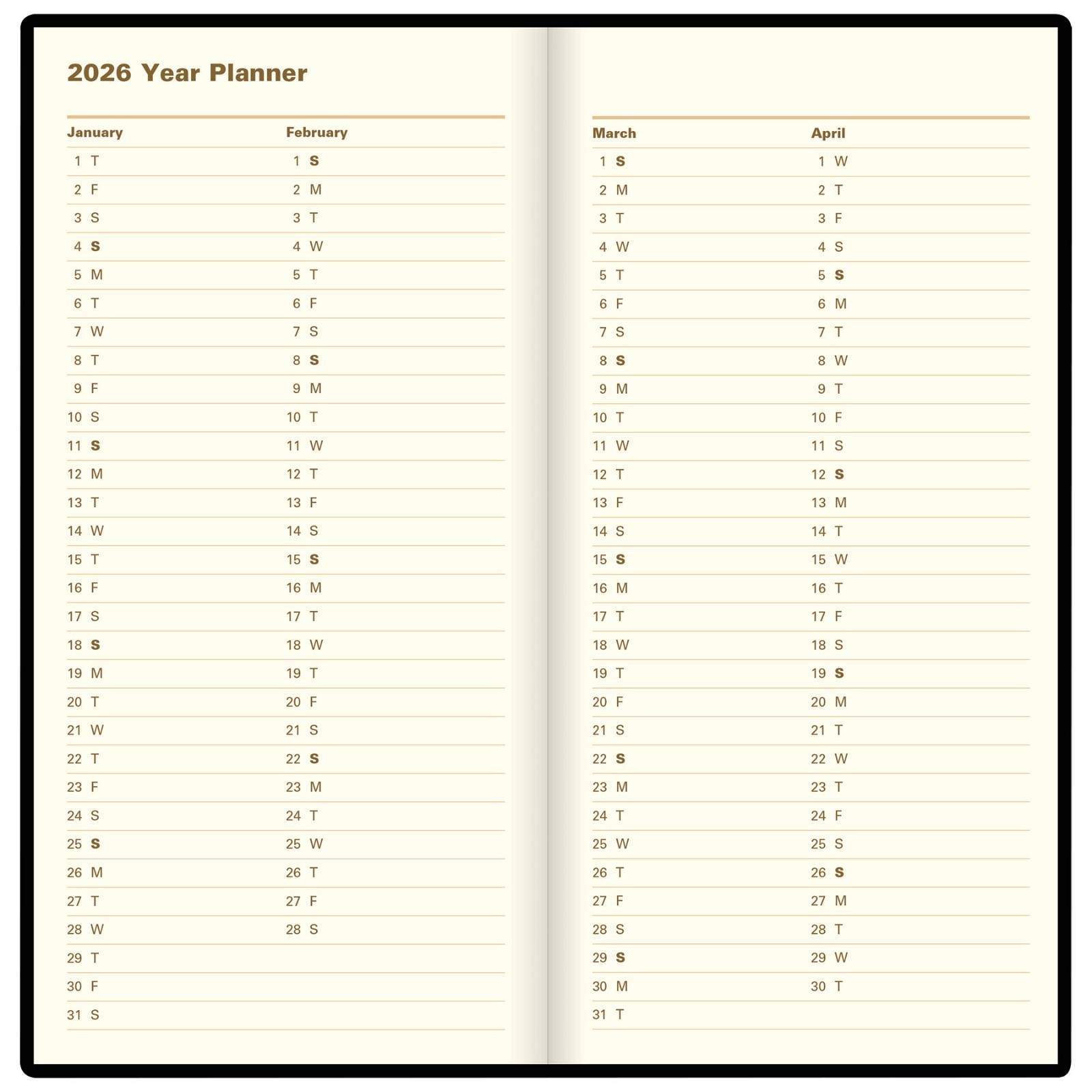 2026 Letts 38SU, C38SUBK Week to View Diary, Upright Format, 6-5/8 x 3-1/4″