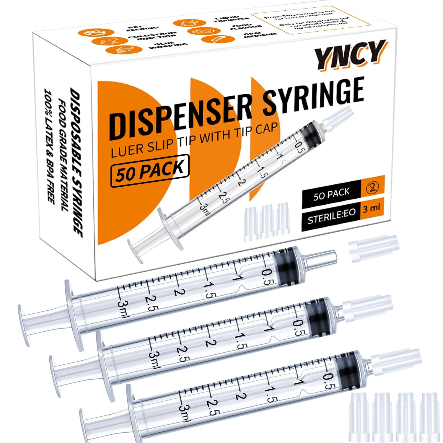 3ml Syringes with Cap, Luer Slip Tip, Whole Pack Bulk Sterile 50 pcs, 3ML
