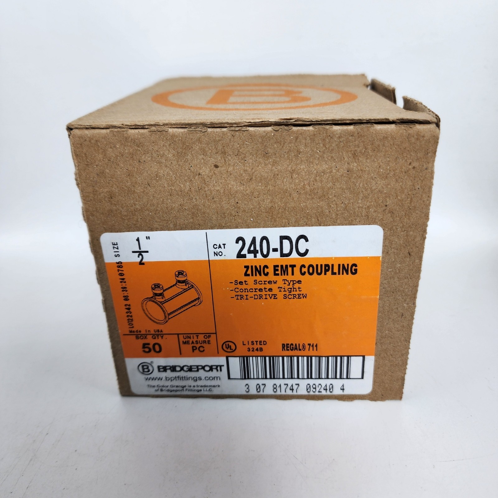 50 Count – Bridgeport 240-DC 0.5-Inch Set Screw Zinc EMT Coupling